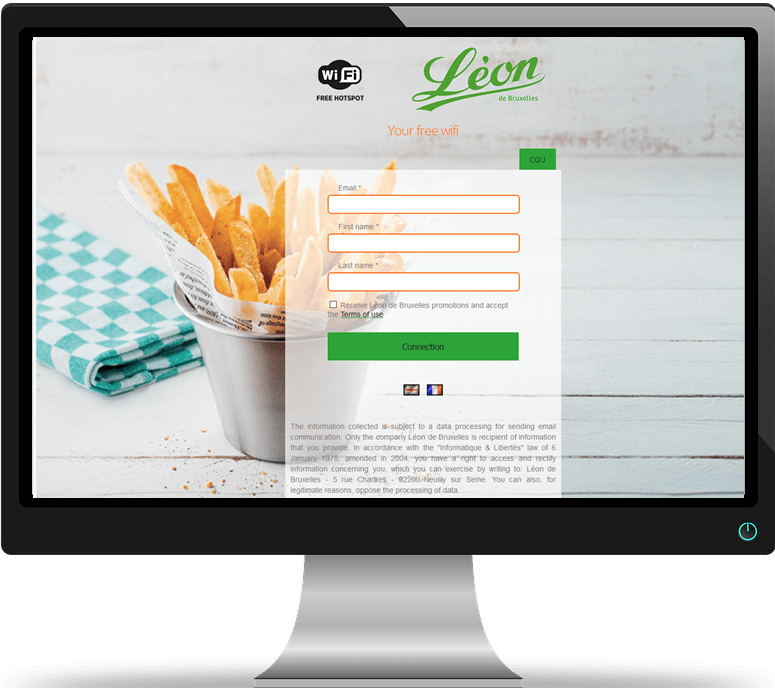 Hotspot Manager - a laptop showing the captiv portal of Leon de Bruxelles restaurant