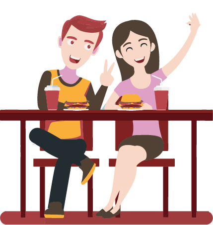 Hôtellerie-Restauration - Image en motion design représentant une femme et un homme en train de prendre un selfie dans un restaurant de burgers avec un téléphone connecté au Wi-Fi du restaurant