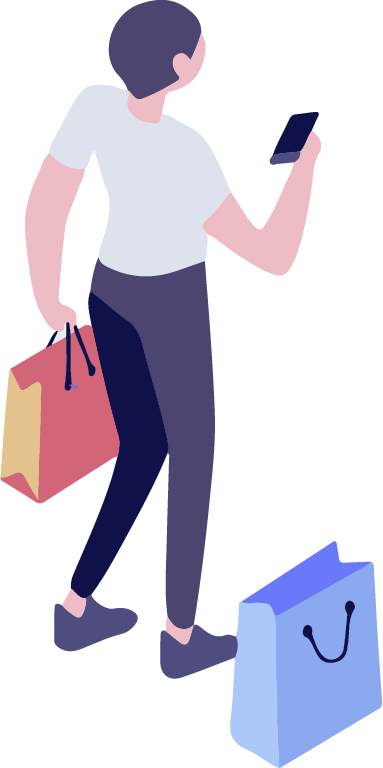 La vente - Motion design représentant un homme en train de faire des achats et utilisant son téléphone connecté au réseau Wi-Fi du centre commercial