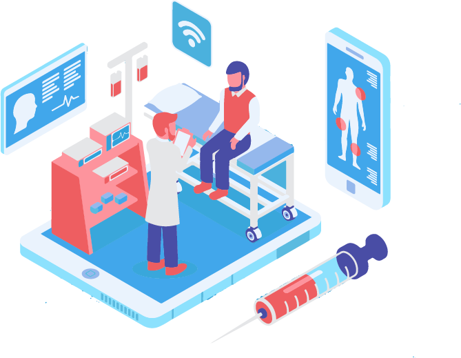 Les milieux hospitaliers - Motion design représentant un cabinet médical connecté au Wi-Fi où un médecin examine un patient.