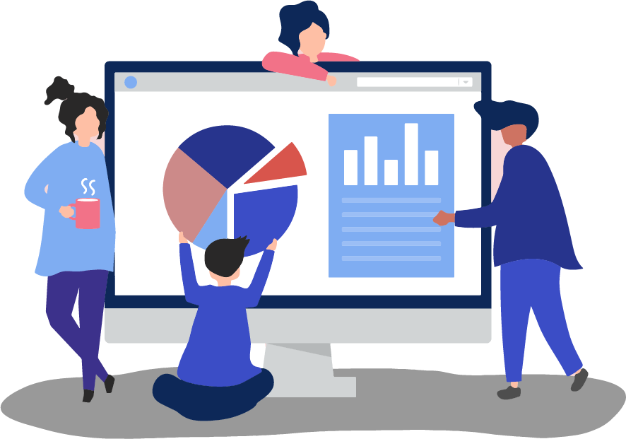 Motion design image: people analysing data on a computer screen